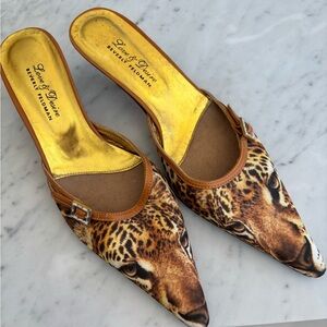 Beverly Feldman Leopard Print Mules with Gold Accents